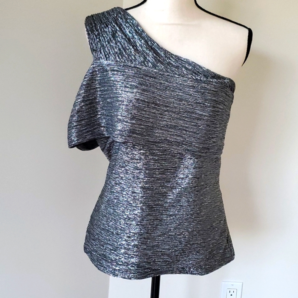 BCBG Maxazria NWT Silver One-Shoulder Top Size Large 11